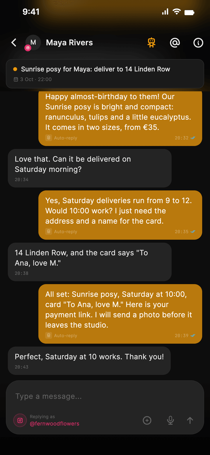 Maya Rivers' Instagram chat: the agent's replies in gold, each marked Auto-reply, ending with a Sunrise posy booked for Saturday at 10:00 and a task pinned above the thread.