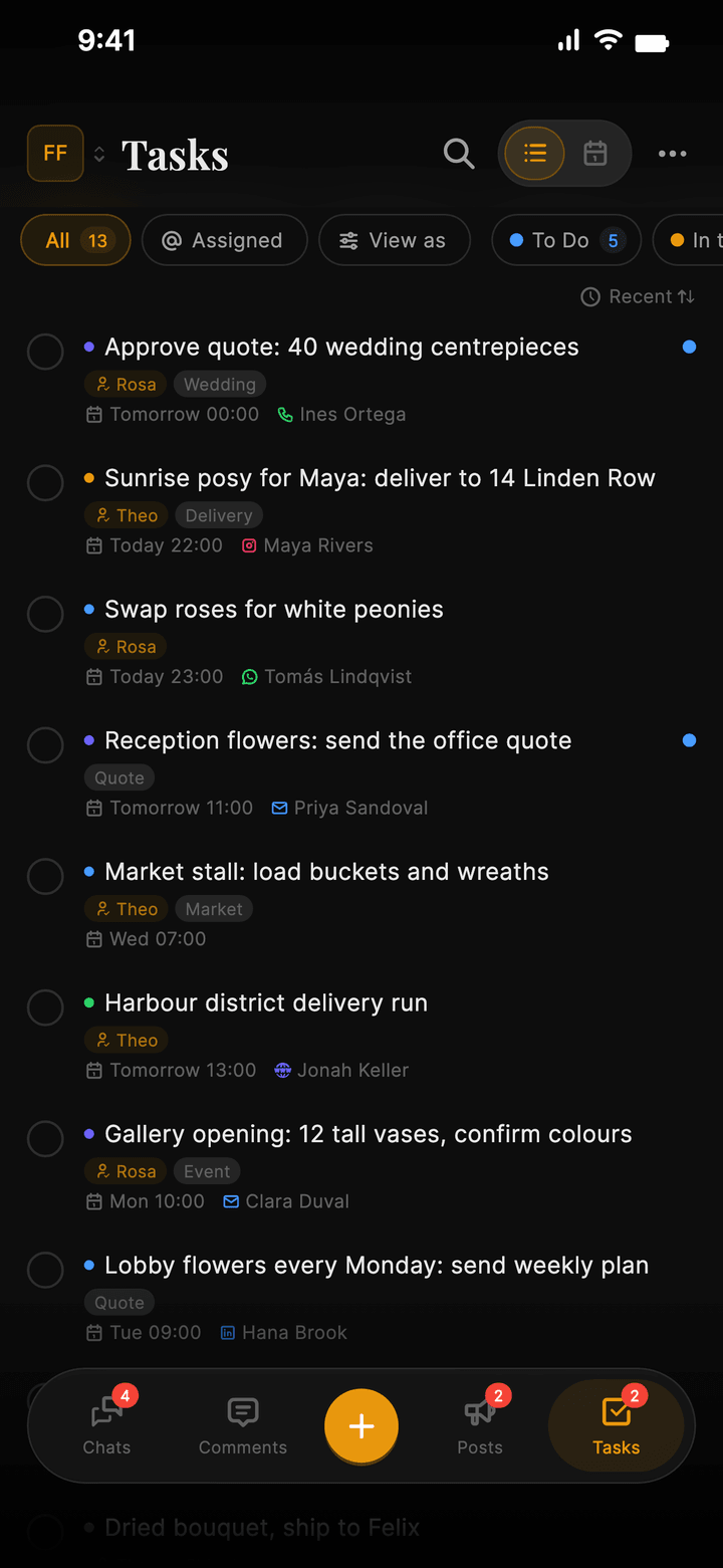 The Tasks screen: Approve quote for 40 wedding centrepieces, assigned to Rosa, due tomorrow; a Sunrise posy delivery for Maya assigned to Theo; and more, each linked to its customer and channel.